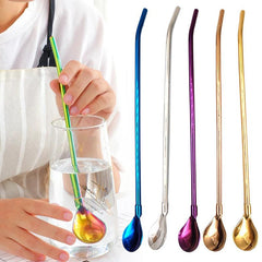 2pcs Stainless Steel Drinking Straw Spoon Tea Filter Metal Stirring Reusable
