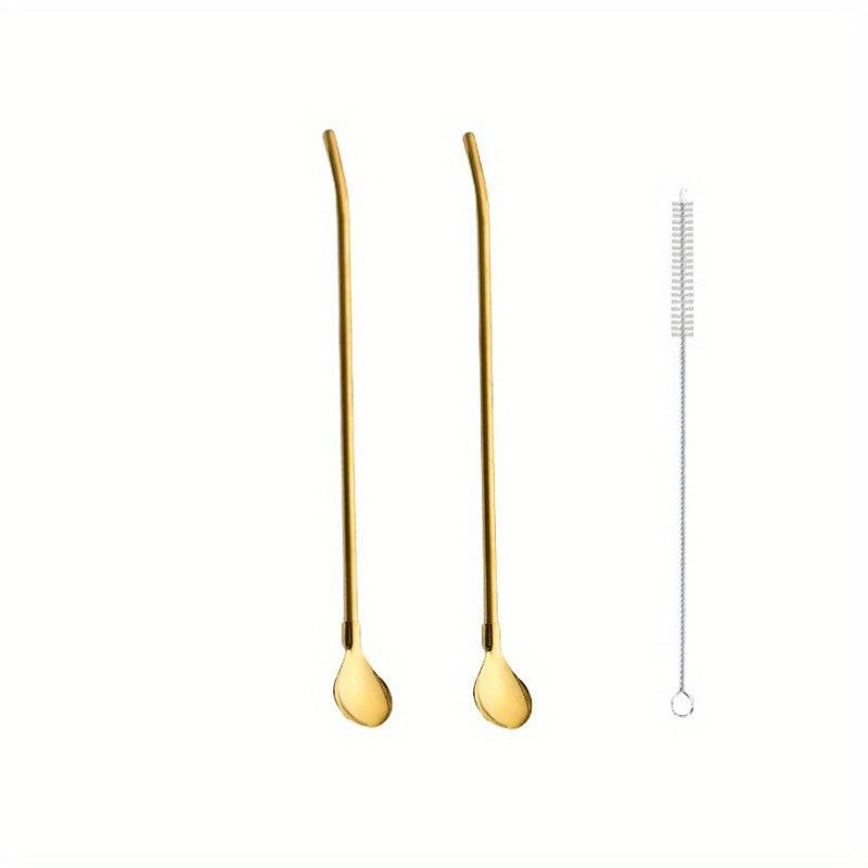 2pcs Stainless Steel Drinking Straw Spoon Tea Filter Metal Stirring Reusable