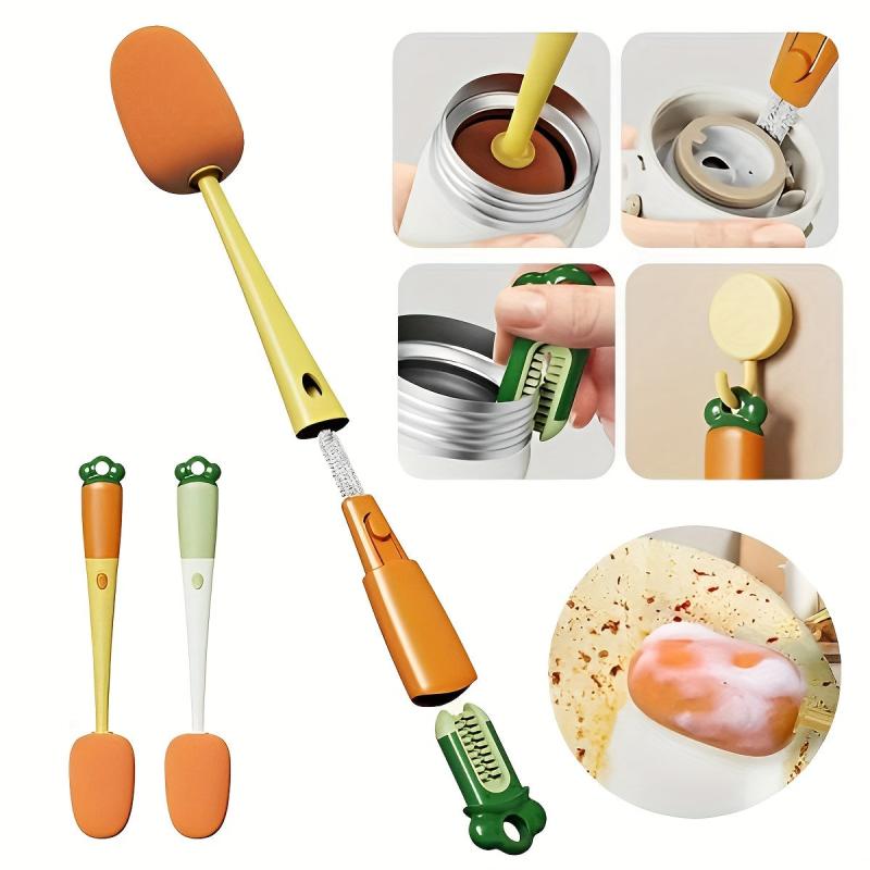 3-in-1 Carrot Brush Long Handle Cup Brush with Removable Cup Cover and Sponge