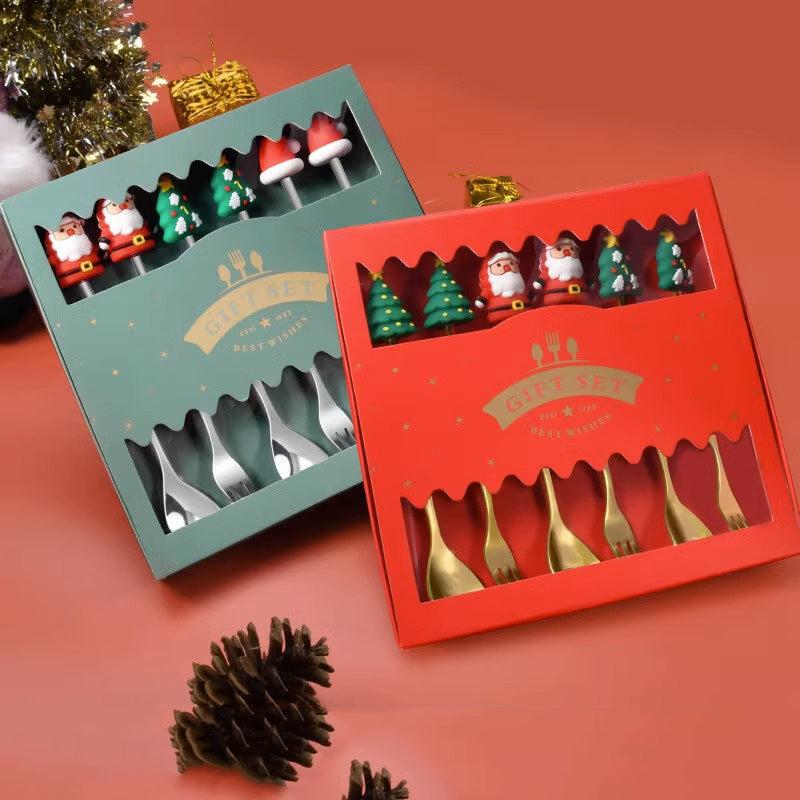 6pcs Stainless Steel Fruit Fork Set Christmas Ornaments