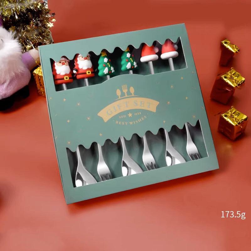 6pcs Stainless Steel Fruit Fork Set Christmas Ornaments