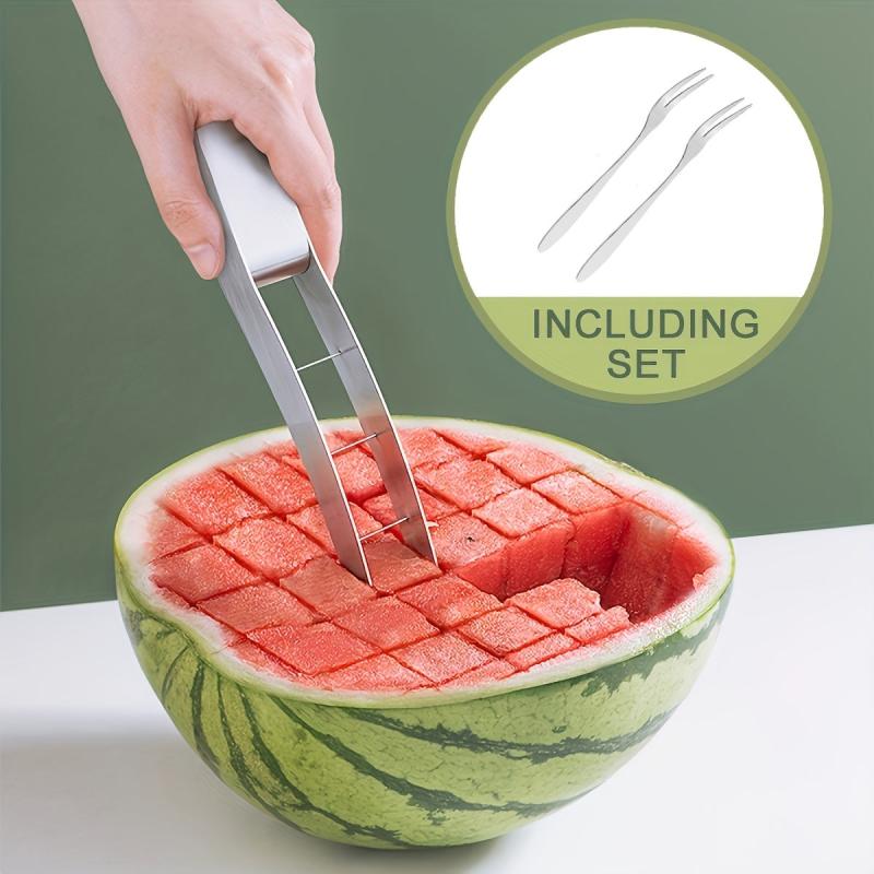 3pcs Watermelon Slicer Stainless Steel Cutter Divider Reusable with 2 Forks