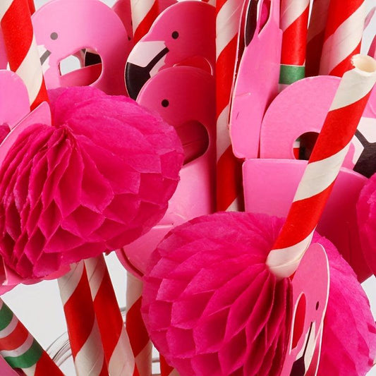 12pcs Honeycomb Ball Straws 15.6cm Striped Hawaiian Flamingo Paper Straws