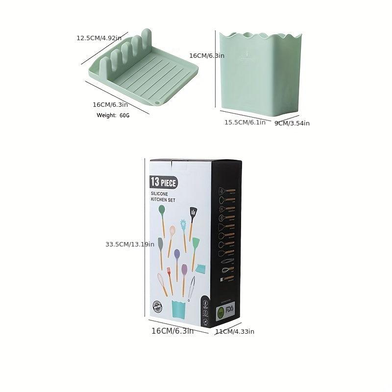 Silicone Kitchen Utensils Set With Wooden Handles & Container