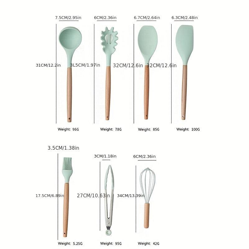 Silicone Kitchen Utensils Set With Wooden Handles & Container
