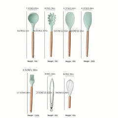 Silicone Kitchen Utensils Set With Wooden Handles & Container