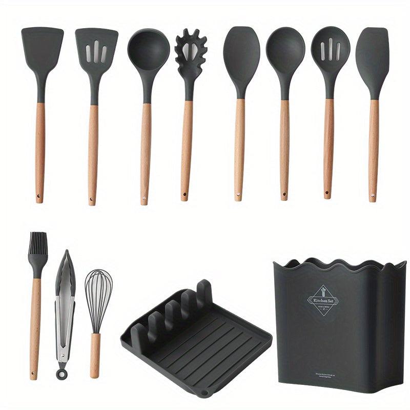 Silicone Kitchen Utensils Set With Wooden Handles & Container