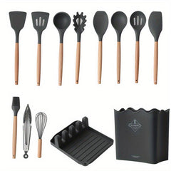 Silicone Kitchen Utensils Set With Wooden Handles & Container