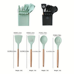 Silicone Kitchen Utensils Set With Wooden Handles & Container