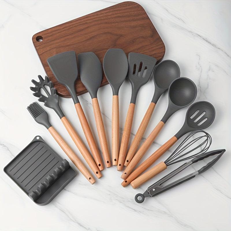 Silicone Kitchen Utensils Set With Wooden Handles & Container