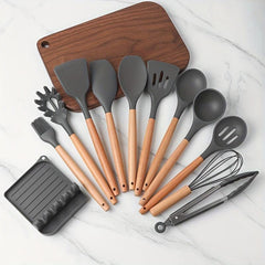 Silicone Kitchen Utensils Set With Wooden Handles & Container