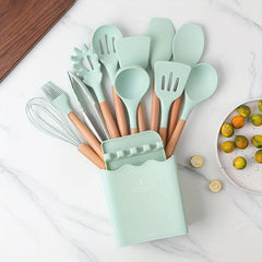 Silicone Kitchen Utensils Set With Wooden Handles & Container