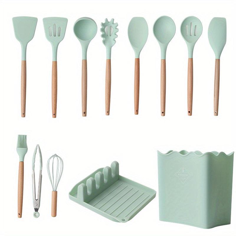 Silicone Kitchen Utensils Set With Wooden Handles & Container