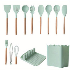 Silicone Kitchen Utensils Set With Wooden Handles & Container