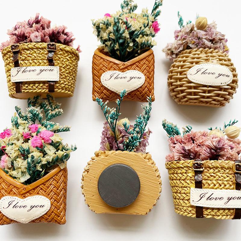 3pcs Flower Basket Fridge Magnets Kitchen Decor Adhesive Refrigerator Stickers