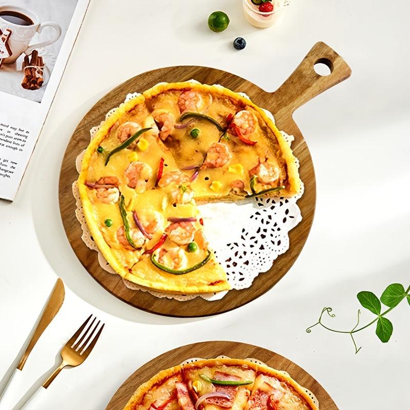 Round Wooden Pizza Serving Board with Handle