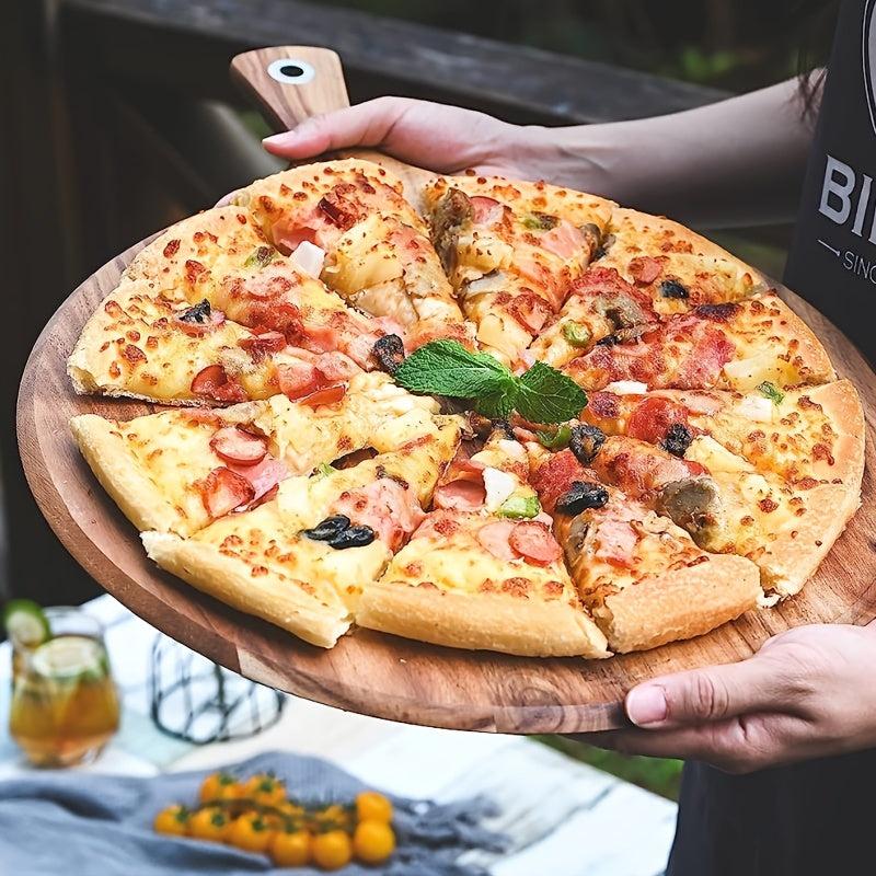 Round Wooden Pizza Serving Board with Handle