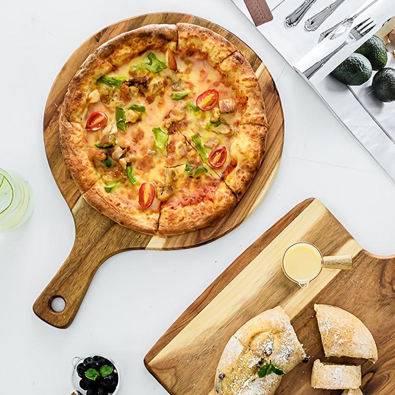 Round Wooden Pizza Serving Board with Handle
