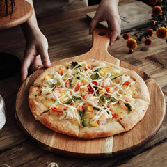Round Wooden Pizza Serving Board with Handle