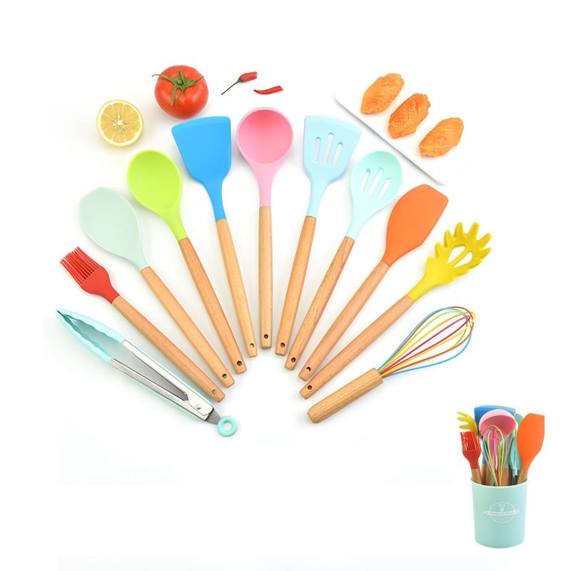 12pcs Silicone Cooking Utensils Set with Wooden Handle Non stick Pot