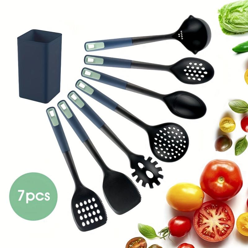 7pcs Nylon Cooking Utensils Set in Storage Bucket Heat Resistant Spatulas Spoons