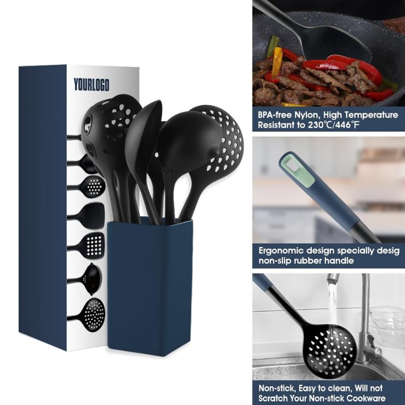 7pcs Nylon Cooking Utensils Set in Storage Bucket Heat Resistant Spatulas Spoons