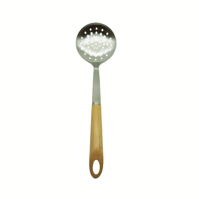 Stainless Steel Colander Spoon w/ Wooden Handle, Kitchen Strainer Ladle