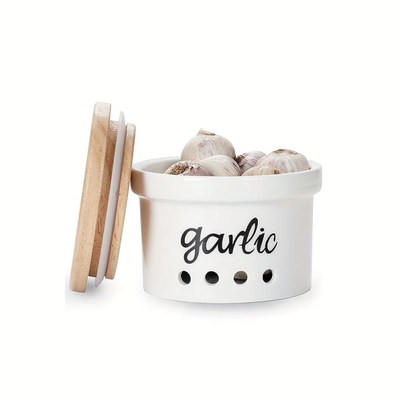Small Ceramic Garlic Keeper with Wood Lid - Storage Container for Counters