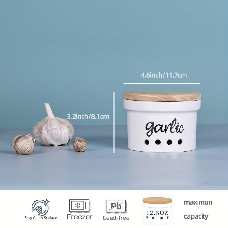 Small Ceramic Garlic Keeper with Wood Lid - Storage Container for Counters