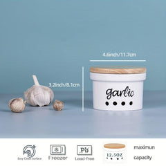 Small Ceramic Garlic Keeper with Wood Lid - Storage Container for Counters