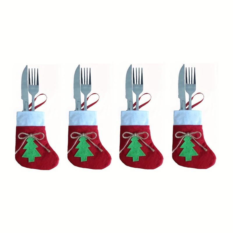 10pcs Christmas Sock & Fork Storage Bag Cartoon Christm