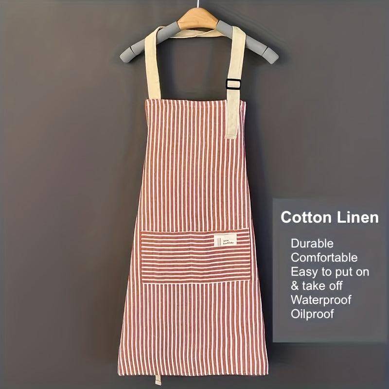Linen Waterproof Apron Red Green Striped Kitchen Household Adult Apron