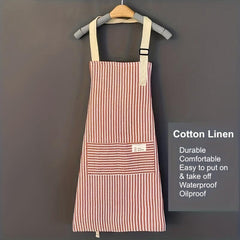 Linen Waterproof Apron Red Green Striped Kitchen Household Adult Apron