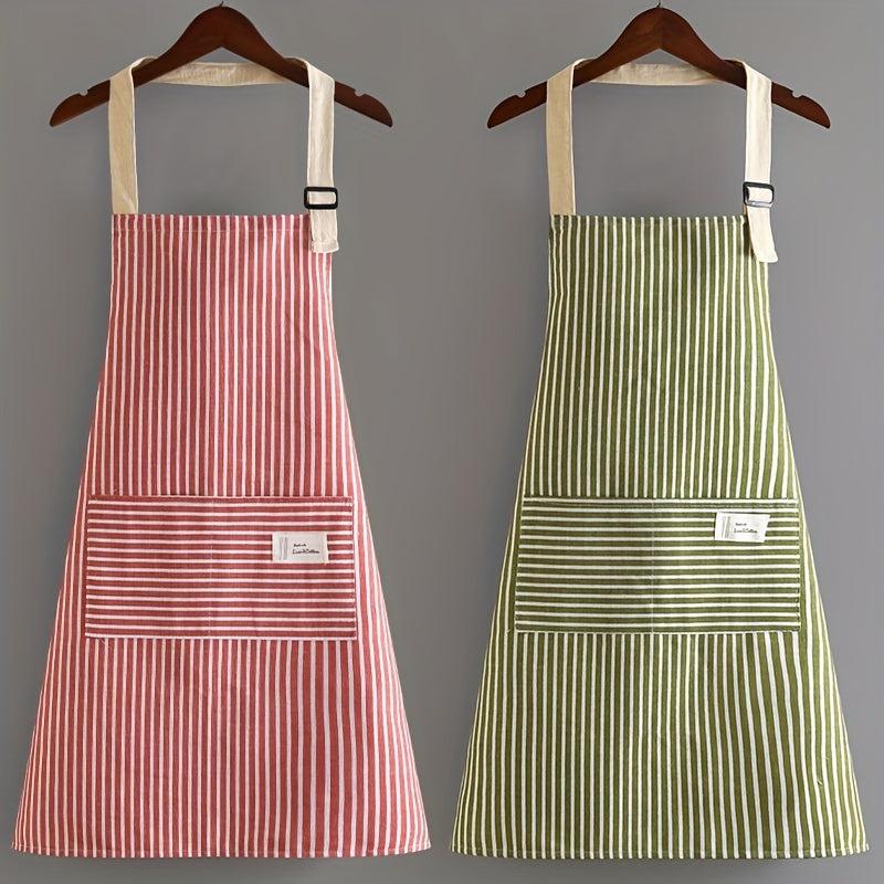 Linen Waterproof Apron Red Green Striped Kitchen Household Adult Apron
