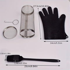 Silicone BBQ Gloves w/ Stainless Steel Drum Rotating Barbecue C