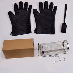 Silicone BBQ Gloves w/ Stainless Steel Drum Rotating Barbecue C