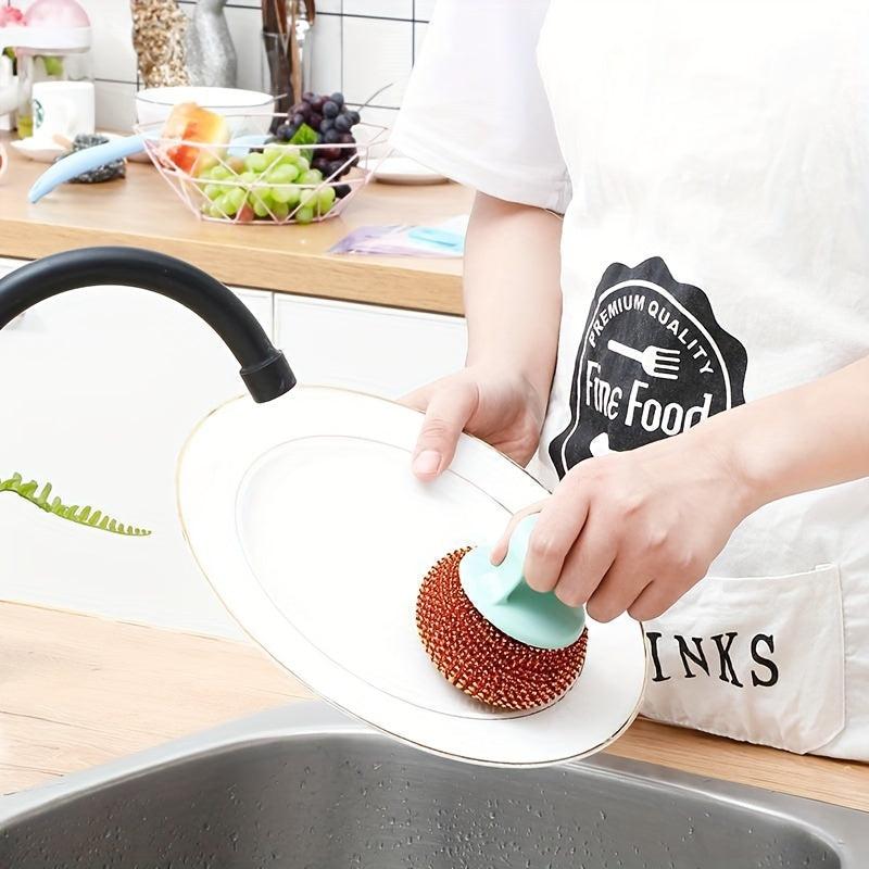 Metal Scrubber with Handle for Pots and Pans - Includes Cleaning Ball
