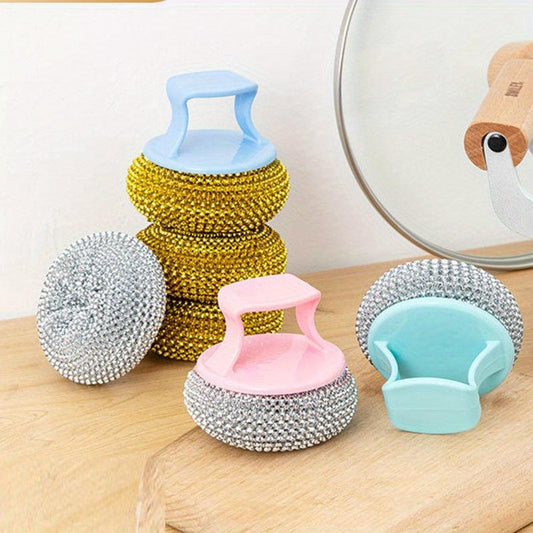 Metal Scrubber with Handle for Pots and Pans - Includes Cleaning Ball