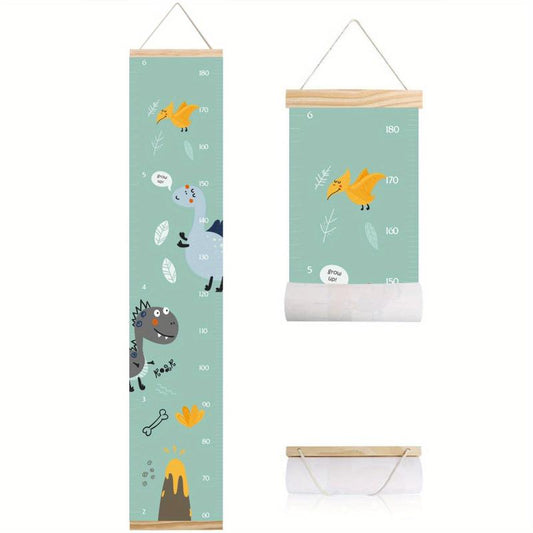 Dinosaur Kids Growth Chart Wood Frame Fabric Canvas Height Measurement Ruler