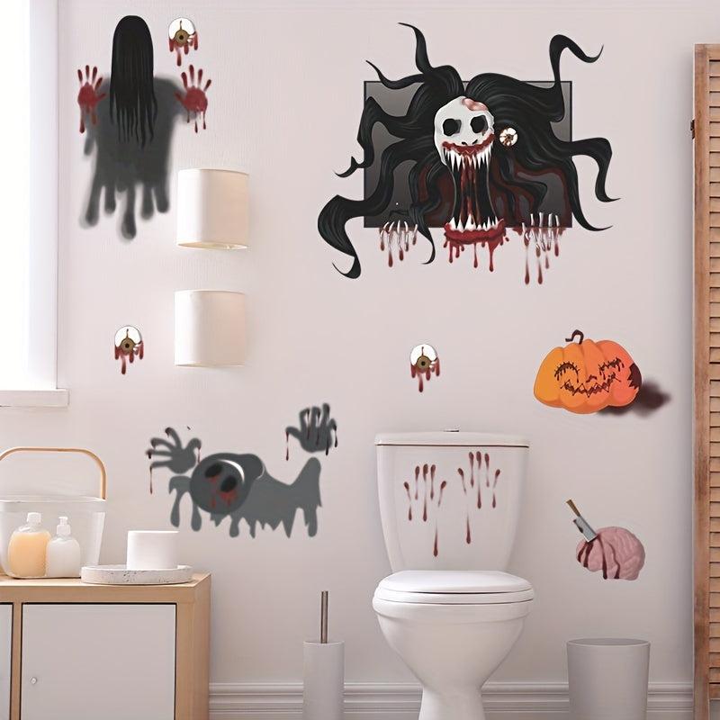 2pcs Halloween Wall Stickers Pumpkin Skull Bloody Hand Prints Window Film