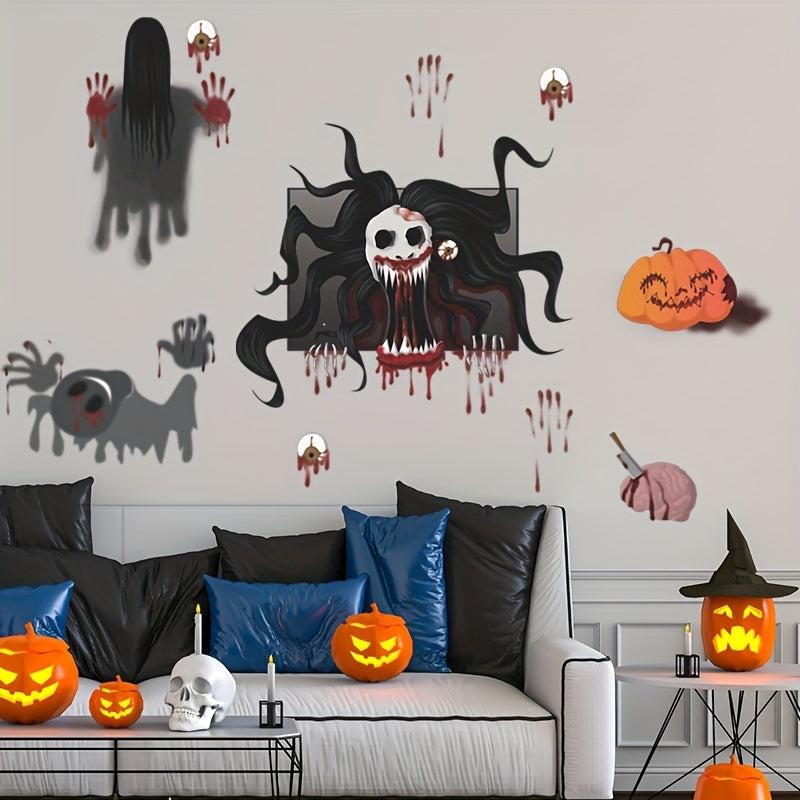 2pcs Halloween Wall Stickers Pumpkin Skull Bloody Hand Prints Window Film