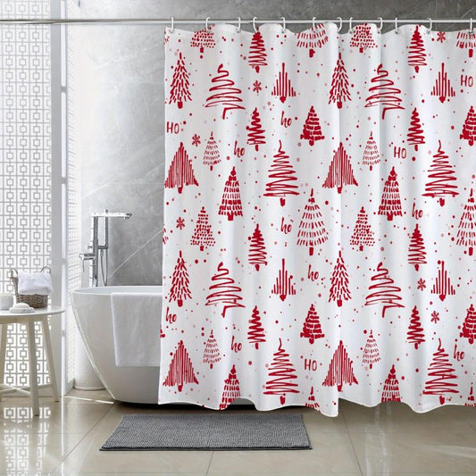 Merry Christmas Shower Curtain Christmas Pine Red Winter Snow Shower w/ 12 Hooks