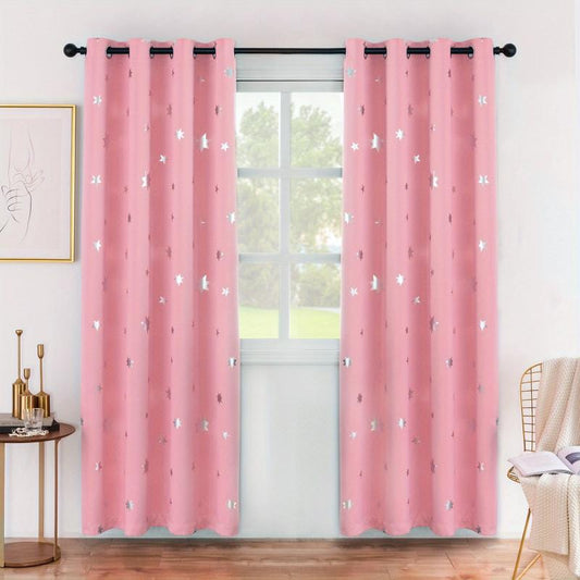2pcs Blackout Pink Curtains Stars Foil Print Room Darkening Drapes