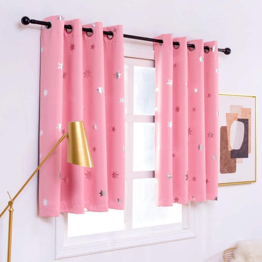 2pcs Blackout Pink Curtains Stars Foil Print Room Darkening Drapes