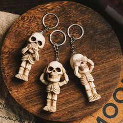 3pcs Gothic Retro Skull Keychain Set Resin Pendant Halloween Gift Ornament
