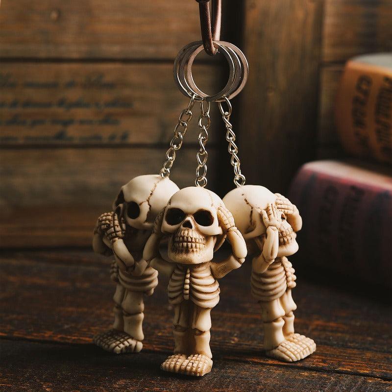 3pcs Gothic Retro Skull Keychain Set Resin Pendant Halloween Gift Ornament