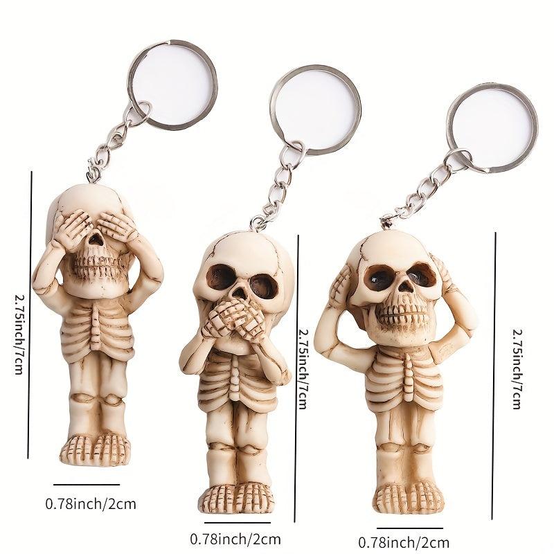 3pcs Gothic Retro Skull Keychain Set Resin Pendant Halloween Gift Ornament