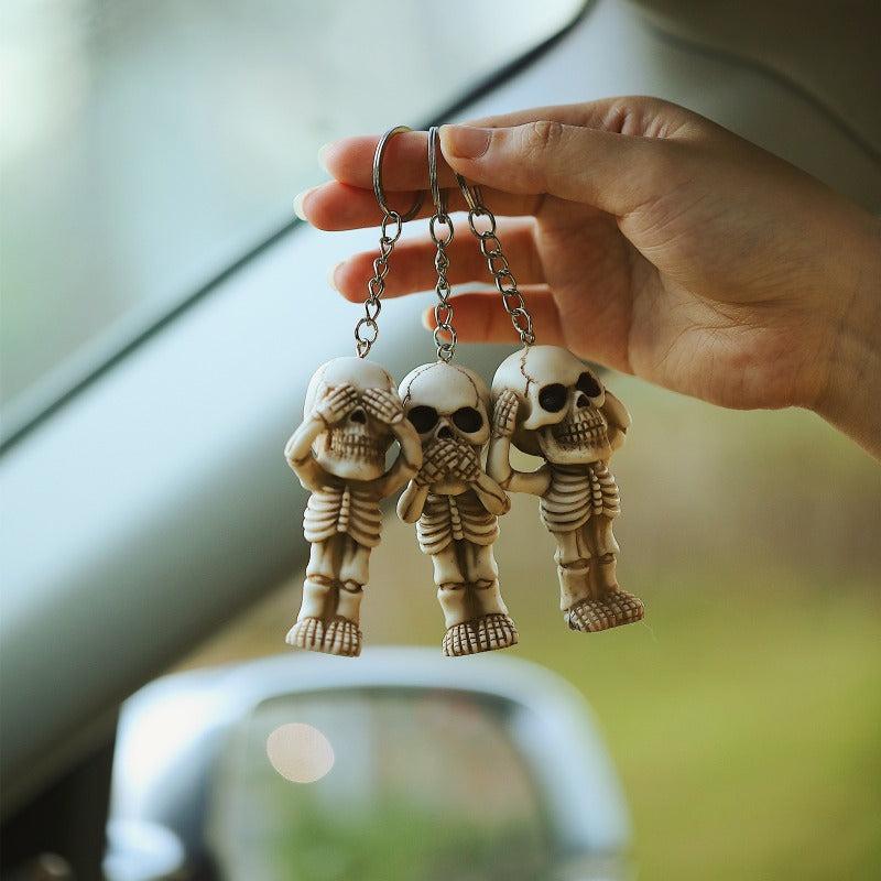 3pcs Gothic Retro Skull Keychain Set Resin Pendant Halloween Gift Ornament