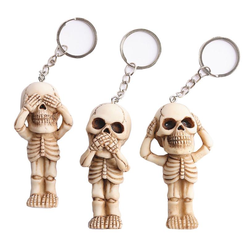 3pcs Gothic Retro Skull Keychain Set Resin Pendant Halloween Gift Ornament