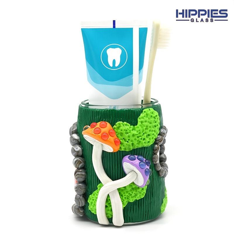 Glass Toothpaste Cup Holder with Cartoon Mushroom Decoration